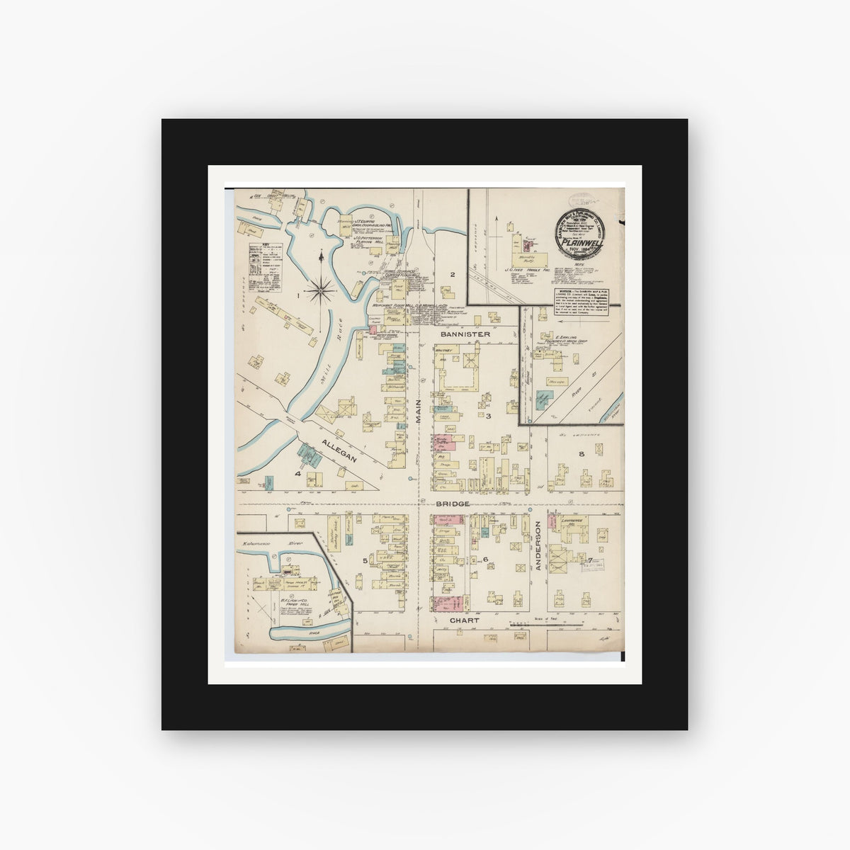 Old map wall art mockup — black gallery frame with white mat — Sanborn Fire Insurance Map from Plainwell, Allegan County, Michigan (1884), Sheet #0001