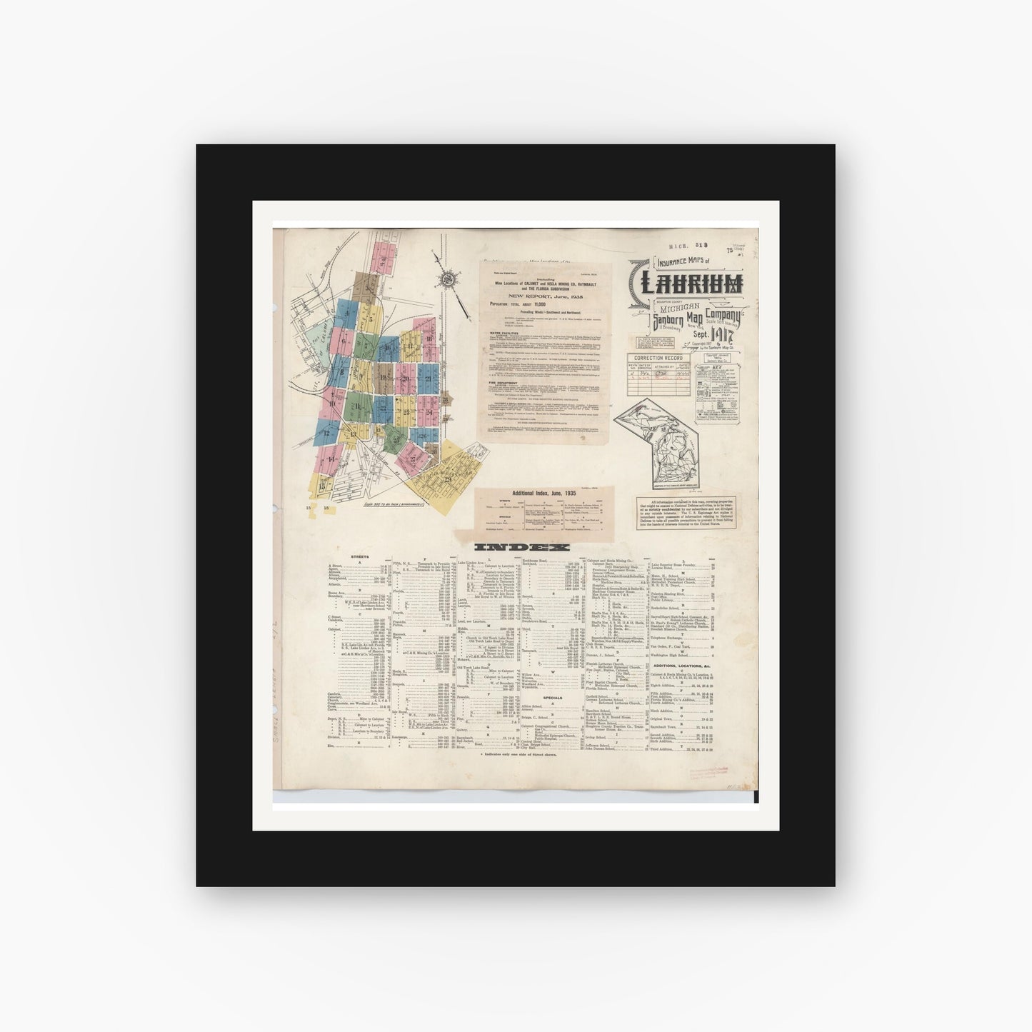 Old map wall art mockup — black gallery frame with white mat — Sanborn Fire Insurance Map from Laurium, Houghton County, Michigan (1949) - Complete Map Set
