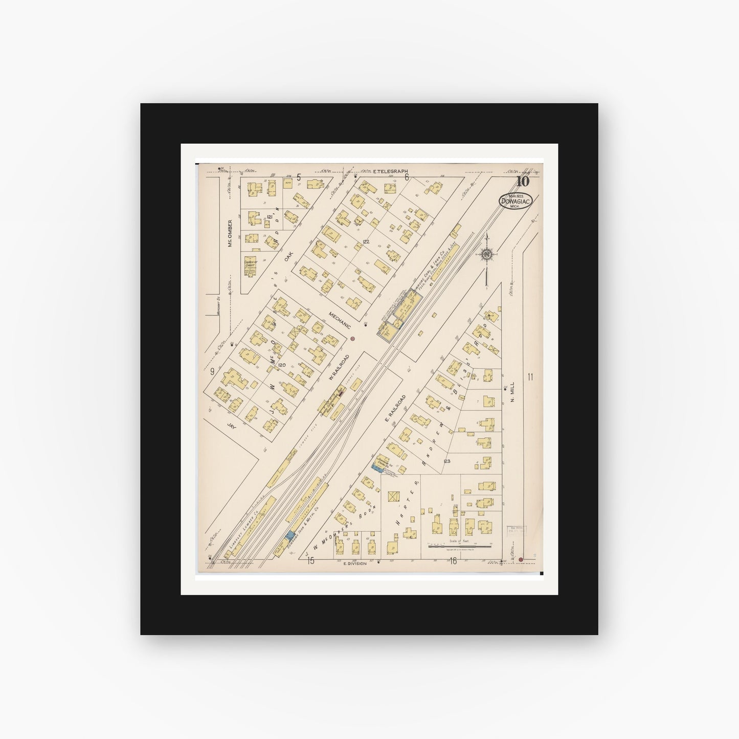 Old map wall art mockup — black gallery frame with white mat — Sanborn Fire Insurance Map from Dowagiac, Cass County, Michigan (1922), Sheet #0010