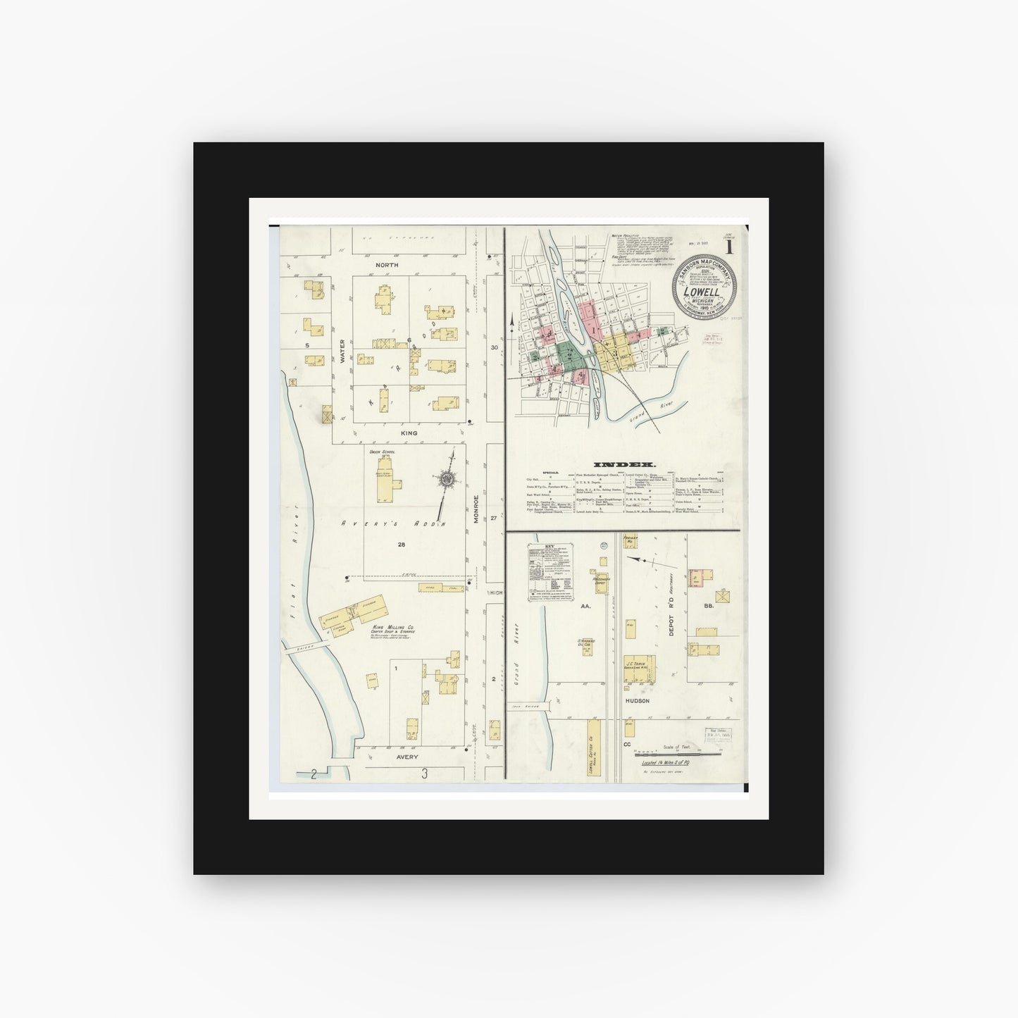 Old map wall art mockup — black gallery frame with white mat — Sanborn Fire Insurance Map from Lowell, Kent County, Michigan (1910) - Complete Map Set