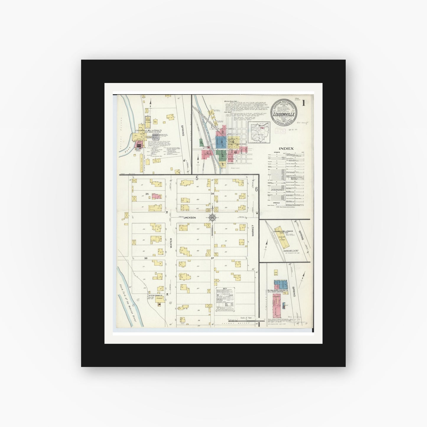 Old map wall art mockup — black gallery frame with white mat — Sanborn Fire Insurance Map from Loudonville, Ashland County, Ohio (1913), Sheet #0001
