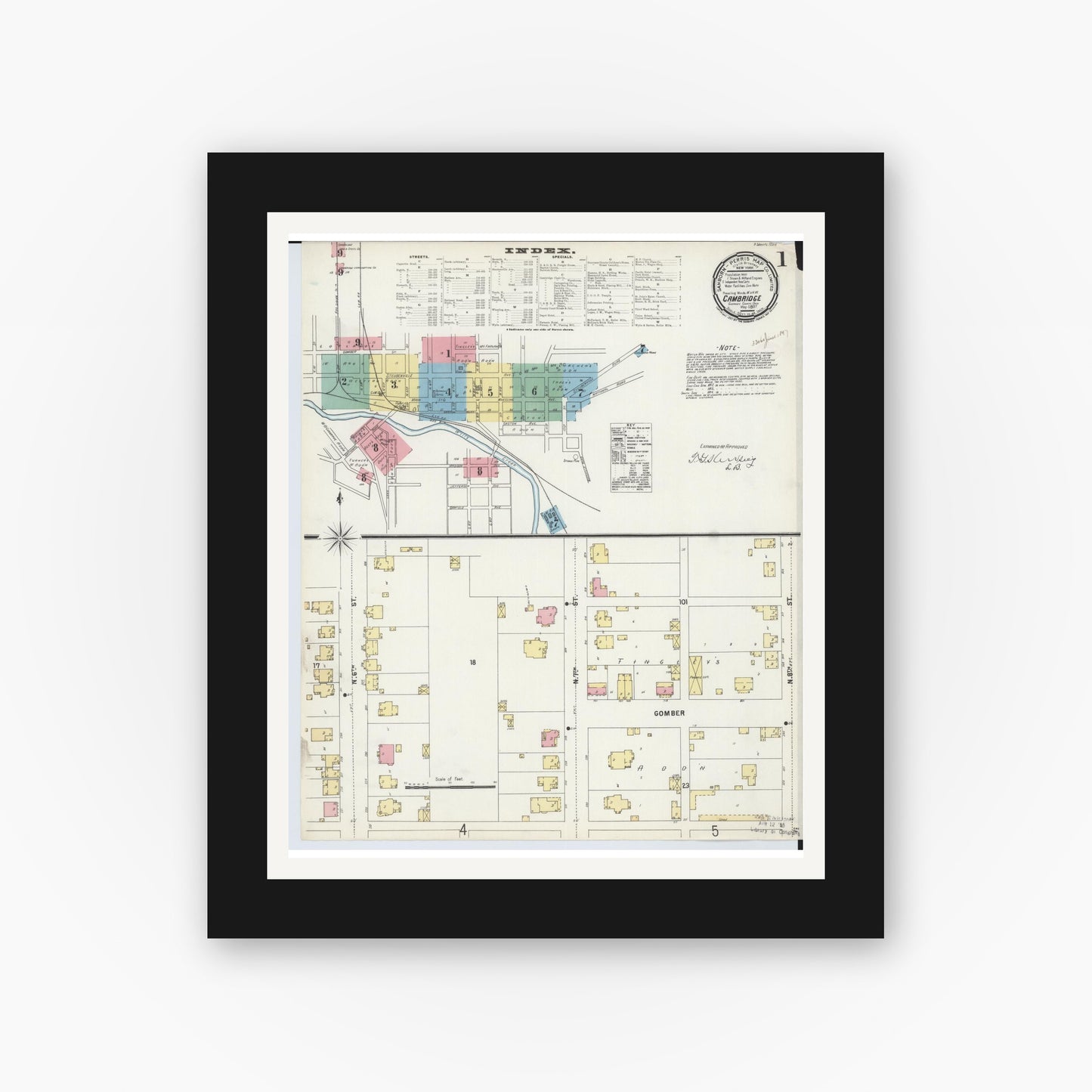 Old map wall art mockup — black gallery frame with white mat — Sanborn Fire Insurance Map from Cambridge, Guernsey County, Ohio (1897) - Complete Map Set