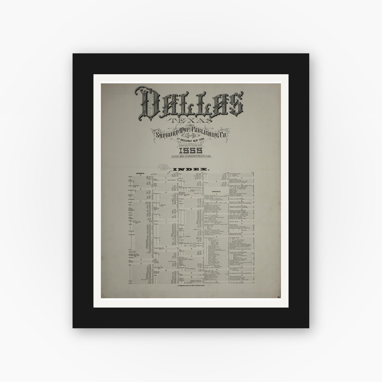 Old map wall art mockup — black gallery frame with white mat — Sanborn Fire Insurance Map from Dallas, Dallas County, Texas (1888), Sheet #0001