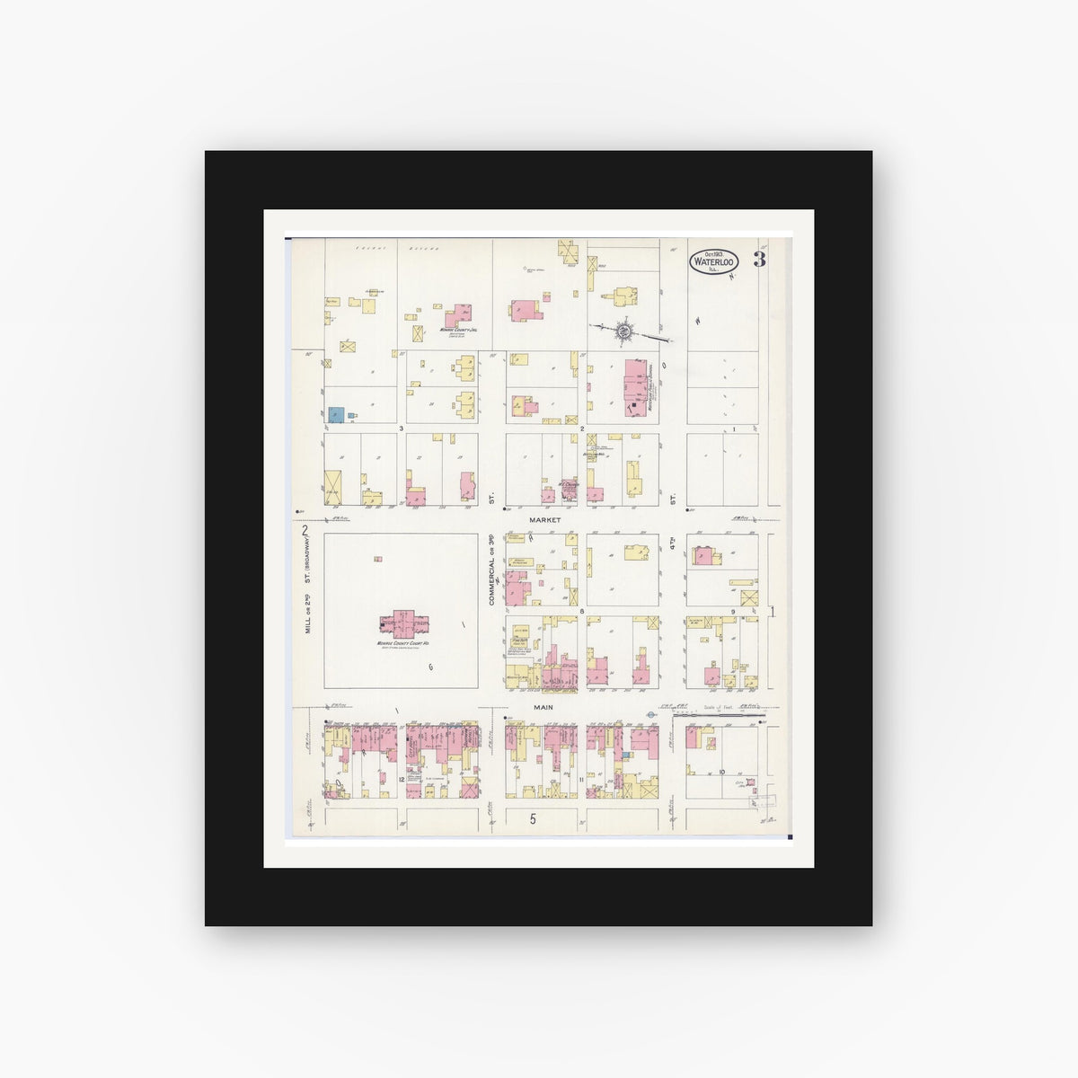 Old map wall art mockup — black gallery frame with white mat — Sanborn Fire Insurance Map from Waterloo, Monroe County, Illinois (1913), Sheet #0003