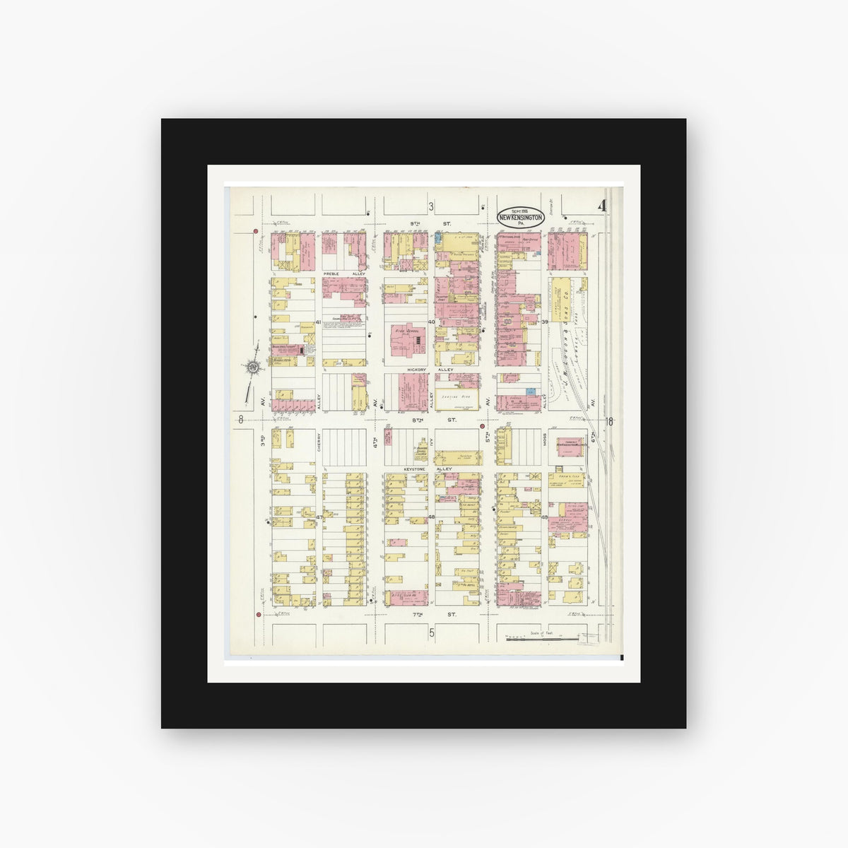 Old map wall art mockup — black gallery frame with white mat — Sanborn Fire Insurance Map from New Kensington, Westmoreland County, Pennsylvania (1915), Sheet #0004