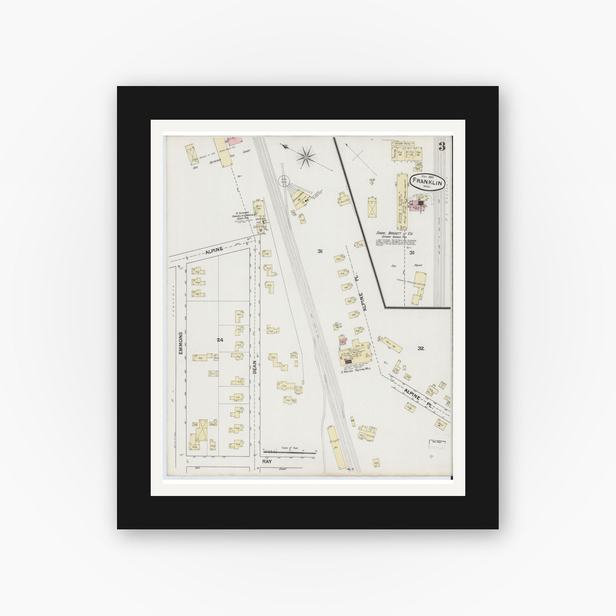 Old map wall art mockup — black gallery frame with white mat — Sanborn Fire Insurance Map from Franklin, Norfolk County, Massachusetts (1889), Sheet #0003