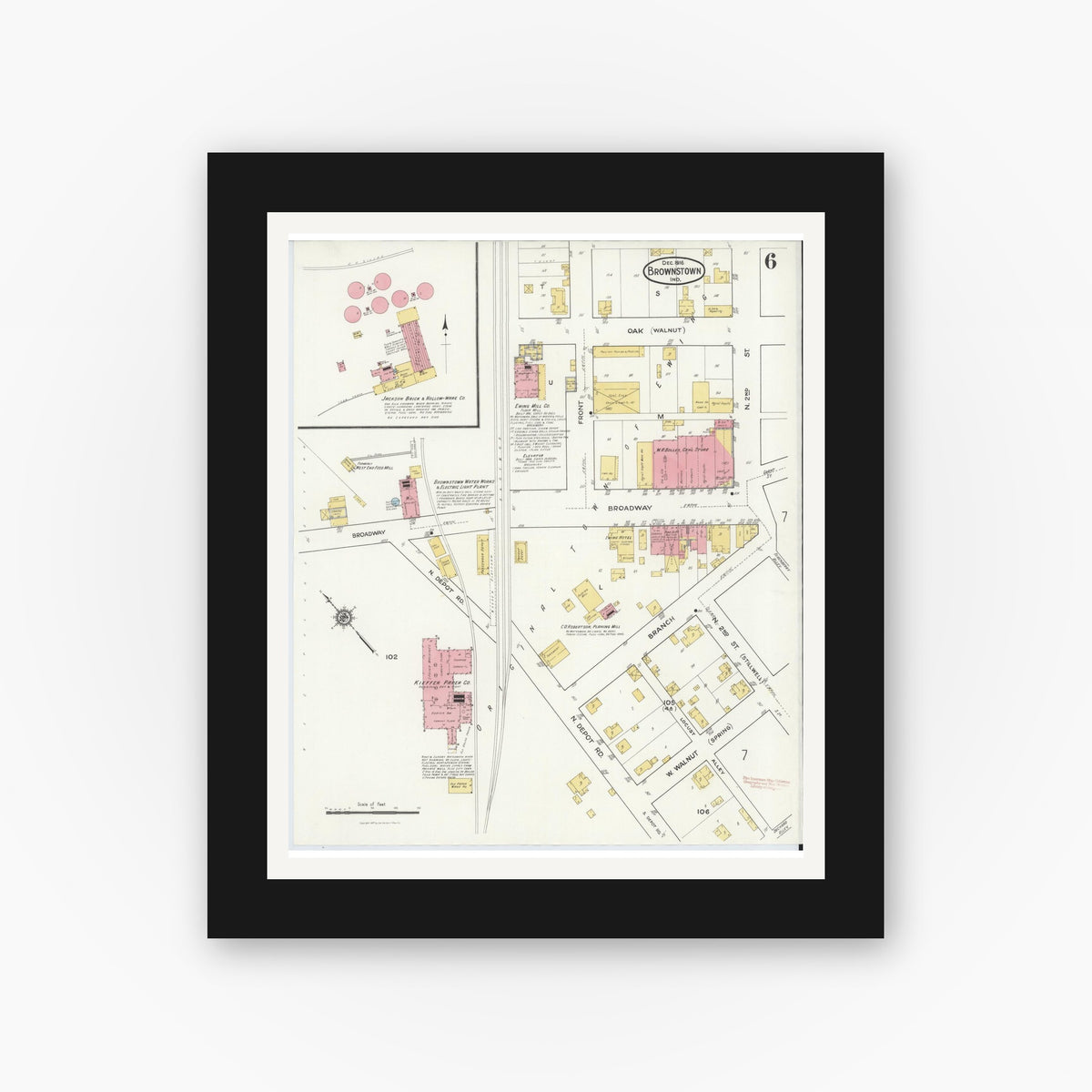 Old map wall art mockup — black gallery frame with white mat — Sanborn Fire Insurance Map from Brownstown, Jackson County, Indiana (1916), Sheet #0006