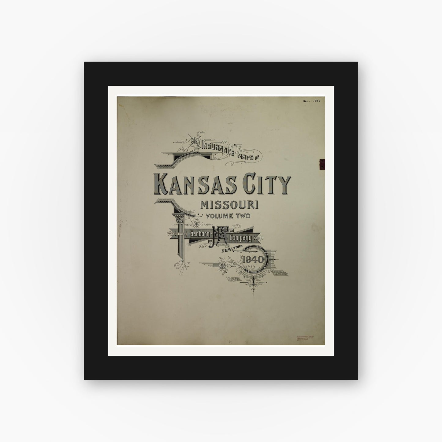 Old map wall art mockup — black gallery frame with white mat — Sanborn Fire Insurance Map from Kansas City, Jackson, Clay, And Platte Counties, Missouri (1951), Sheet #0001