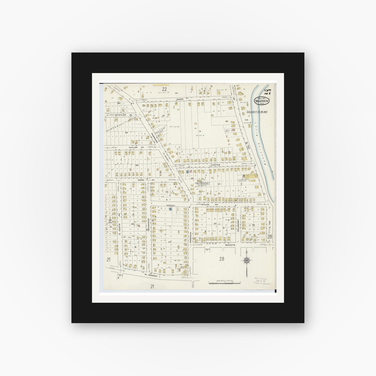 Old map wall art mockup — black gallery frame with white mat — Sanborn Fire Insurance Map from Warren, Trumbull County, Ohio (1915), Sheet #0027