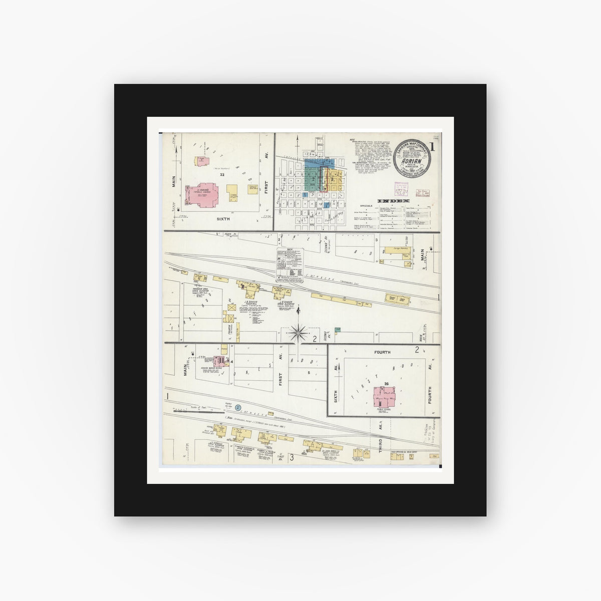 Old map wall art mockup — black gallery frame with white mat — Sanborn Fire Insurance Map from Adrian, Nobles County, Minnesota (1907) - Complete Map Set