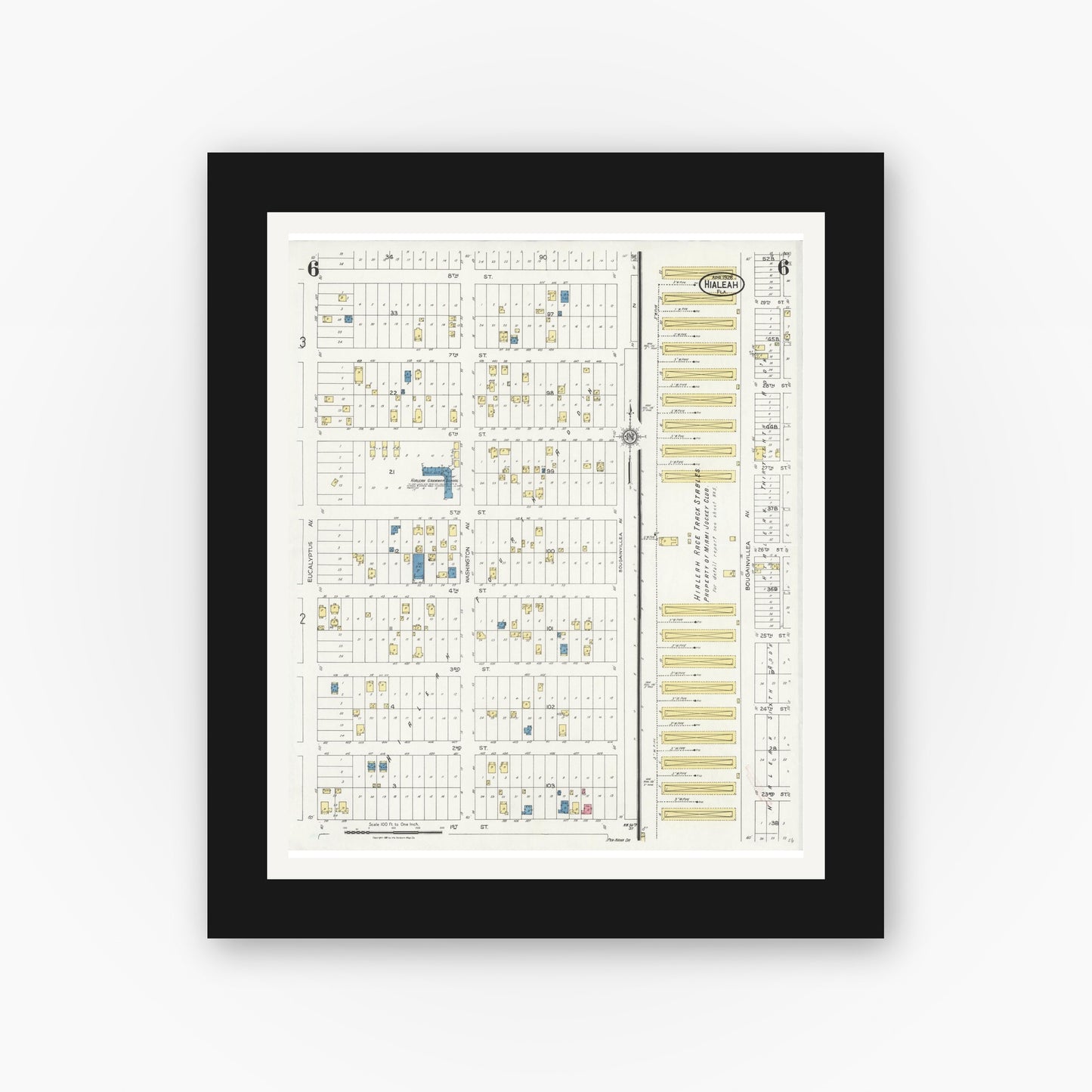 Old map wall art mockup — black gallery frame with white mat — Sanborn Fire Insurance Map from Hialeah, Dade County, Florida (1926), Sheet #0006