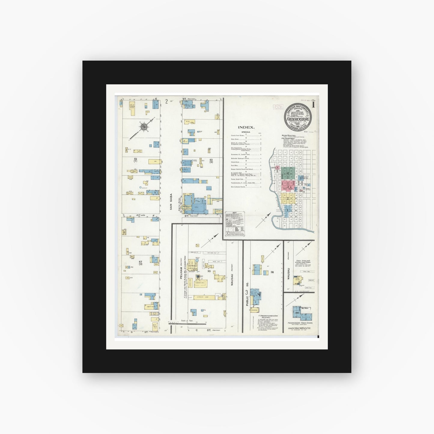 Old map wall art mockup — black gallery frame with white mat — Sanborn Fire Insurance Map from Fredericksburg, Gillespie County, Texas (1910) - Complete Map Set