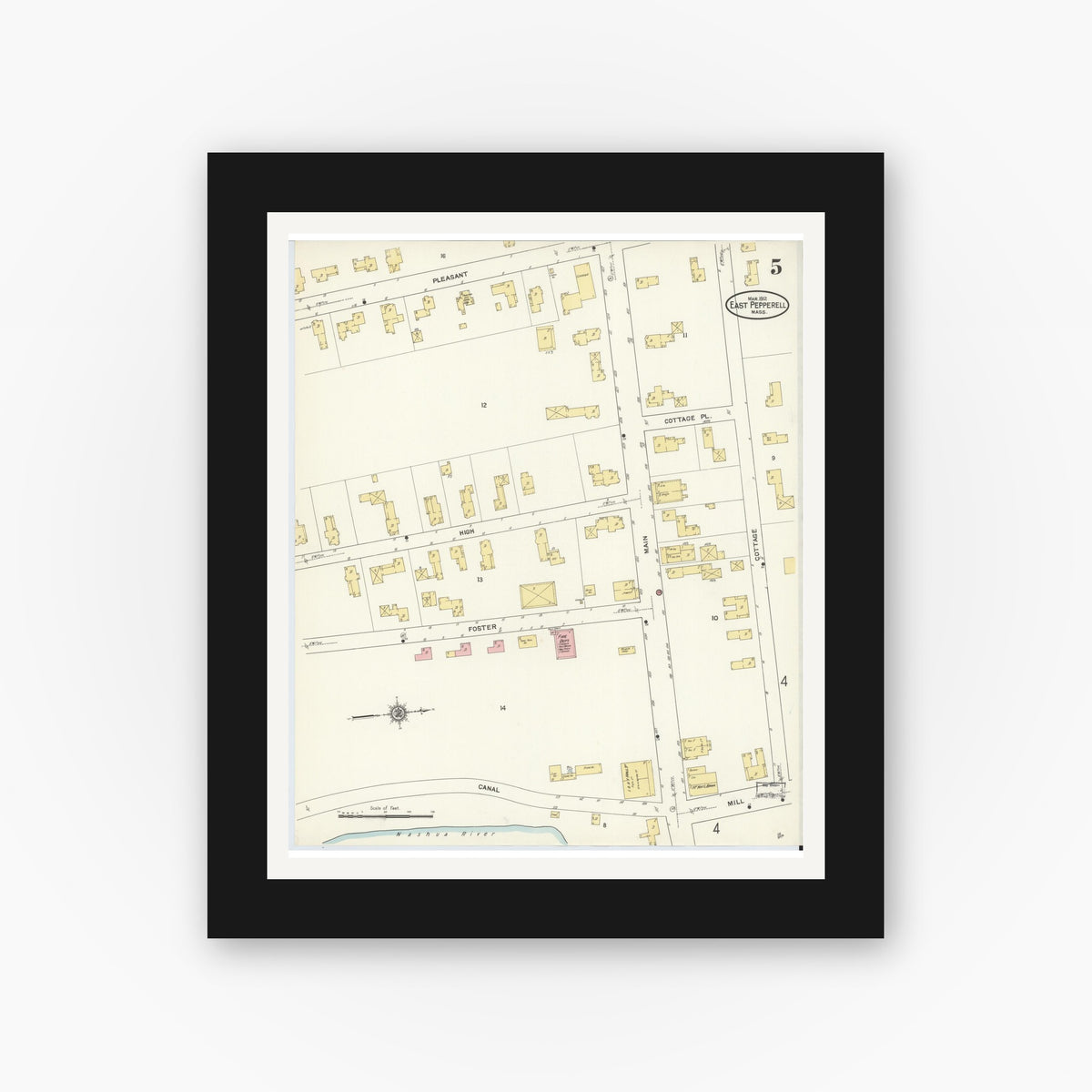 Old map wall art mockup — black gallery frame with white mat — Sanborn Fire Insurance Map from East Pepperell, Middlesex County, Massachusetts (1912), Sheet #0005