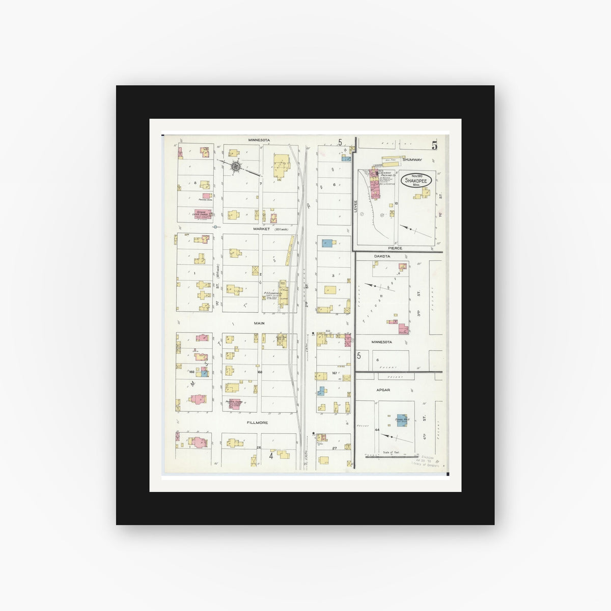 Old map wall art mockup — black gallery frame with white mat — Sanborn Fire Insurance Map from Shakopee, Scott County, Minnesota (1910), Sheet #0005