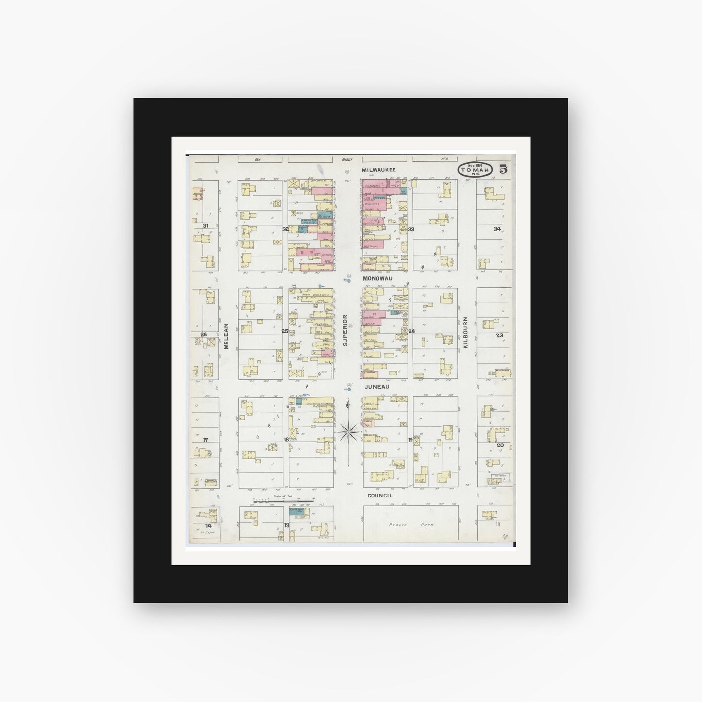 Old map wall art mockup — black gallery frame with white mat — Sanborn Fire Insurance Map from Tomah, Monroe County, Wisconsin (1891), Sheet #0005