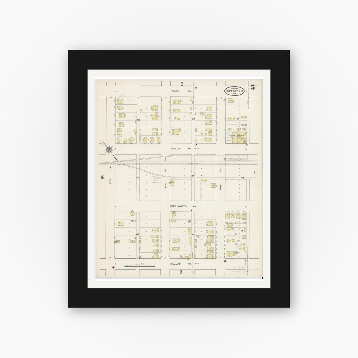 Old map wall art mockup — black gallery frame with white mat — Sanborn Fire Insurance Map from Port Arthur, Jefferson County, Texas (1915), Sheet #0005