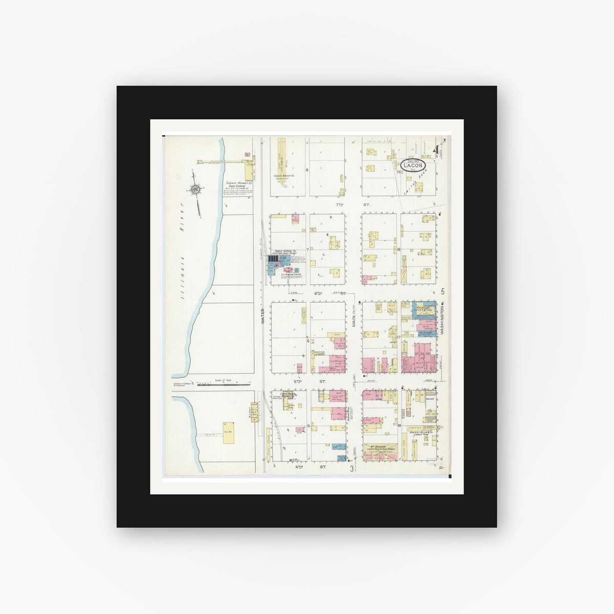 Old map wall art mockup — black gallery frame with white mat — Sanborn Fire Insurance Map from Lacon, Marshall County, Illinois (1913), Sheet #0004
