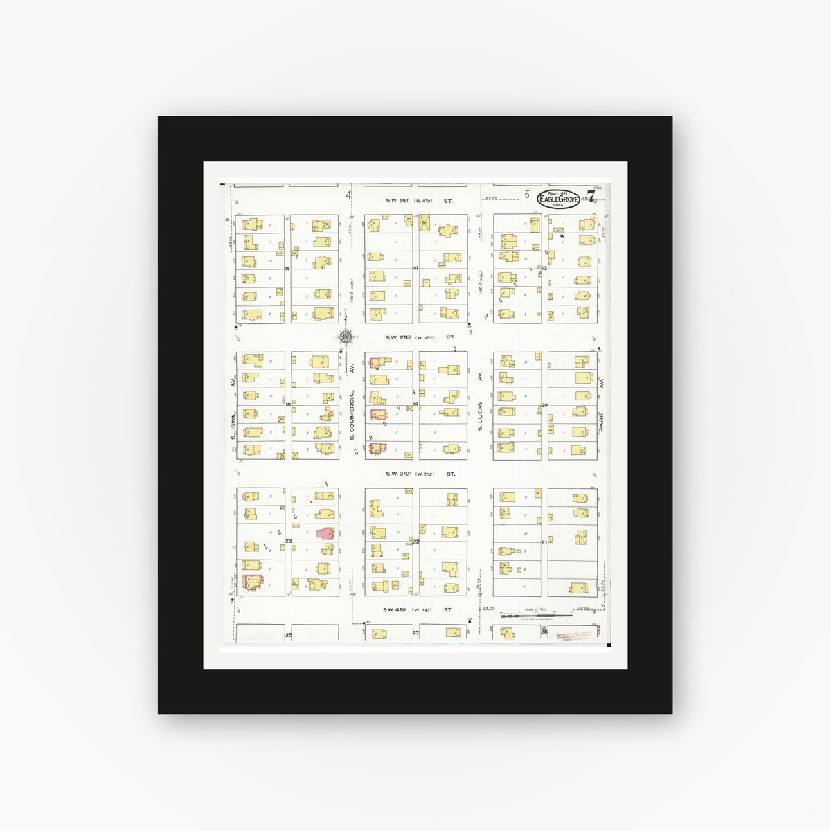 Old map wall art mockup — black gallery frame with white mat — Sanborn Fire Insurance Map from Eagle Grove, Wright County, Iowa (1921), Sheet #0007