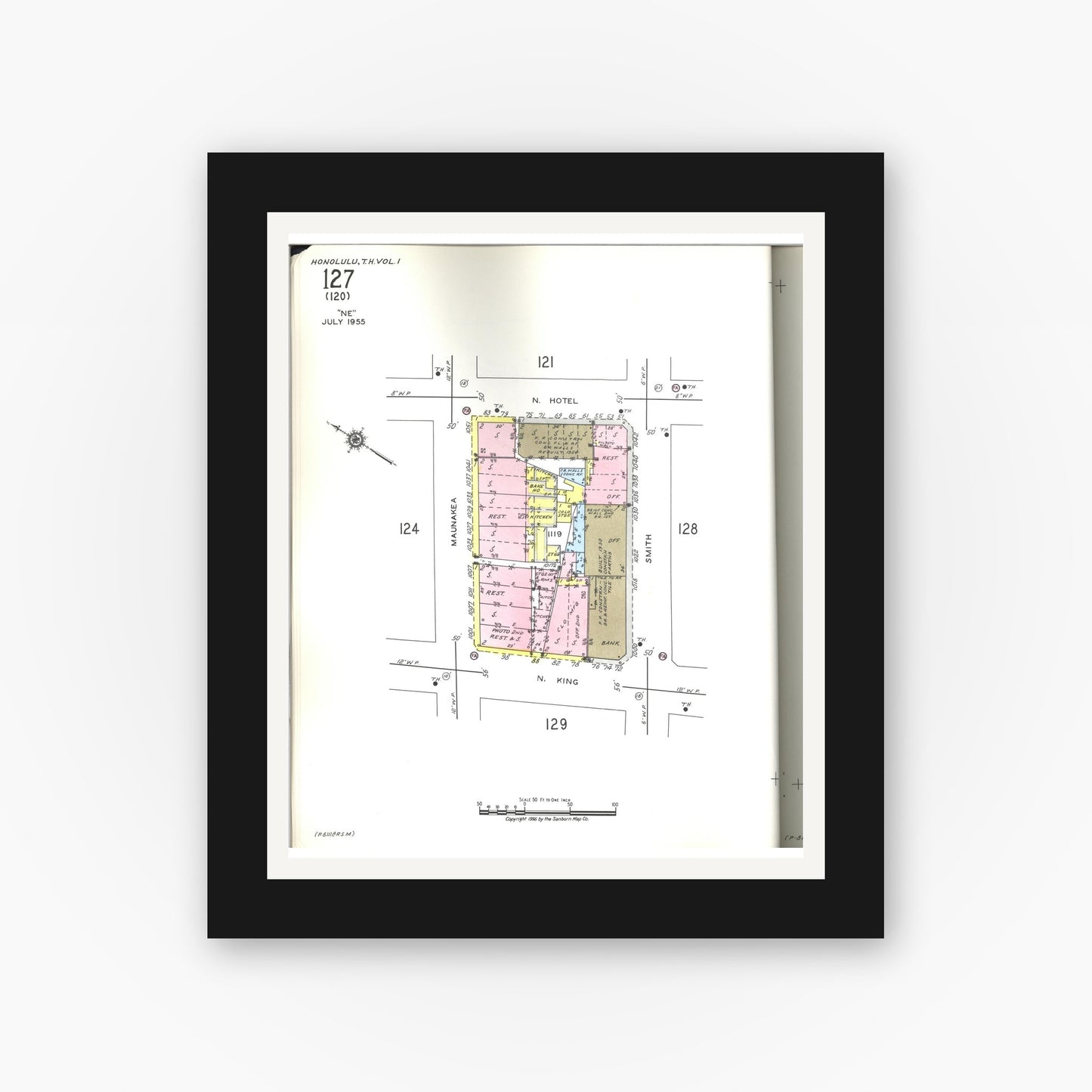 Old map wall art mockup — black gallery frame with white mat — Sanborn Fire Insurance Map from Honolulu, Oahu County, Hawaii (1955), Sheet #0127