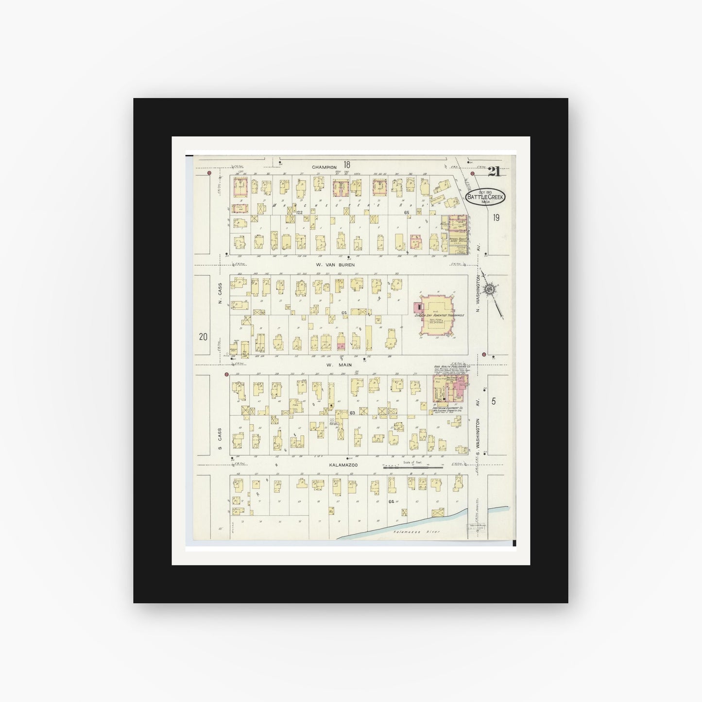 Old map wall art mockup — black gallery frame with white mat — Sanborn Fire Insurance Map from Battle Creek, Calhoun County, Michigan (1913), Sheet #0021