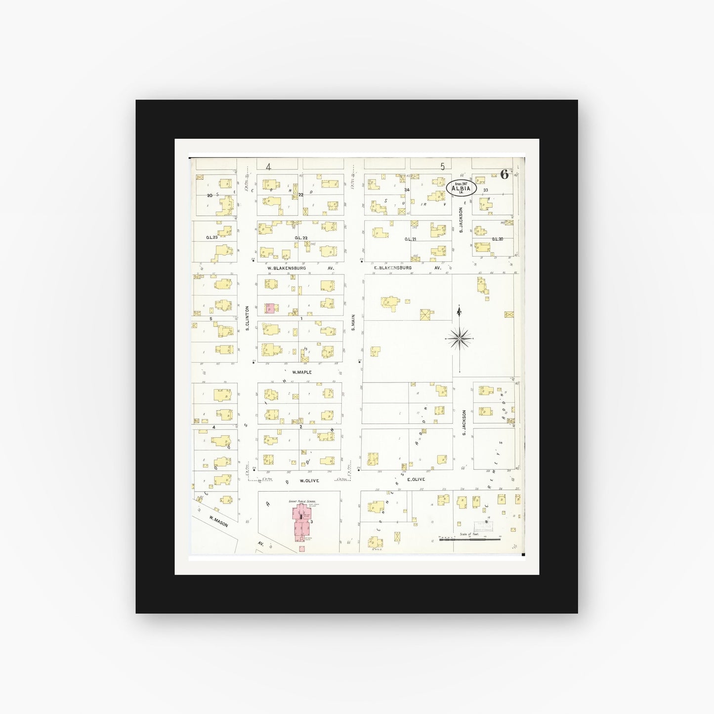 Old map wall art mockup — black gallery frame with white mat — Sanborn Fire Insurance Map from Albia, Monroe County, Iowa (1907), Sheet #0006