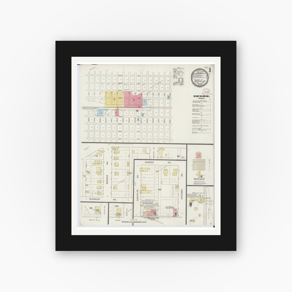 Old map wall art mockup — black gallery frame with white mat — Sanborn Fire Insurance Map from Marceline, Linn County, Missouri (1894) - Complete Map Set