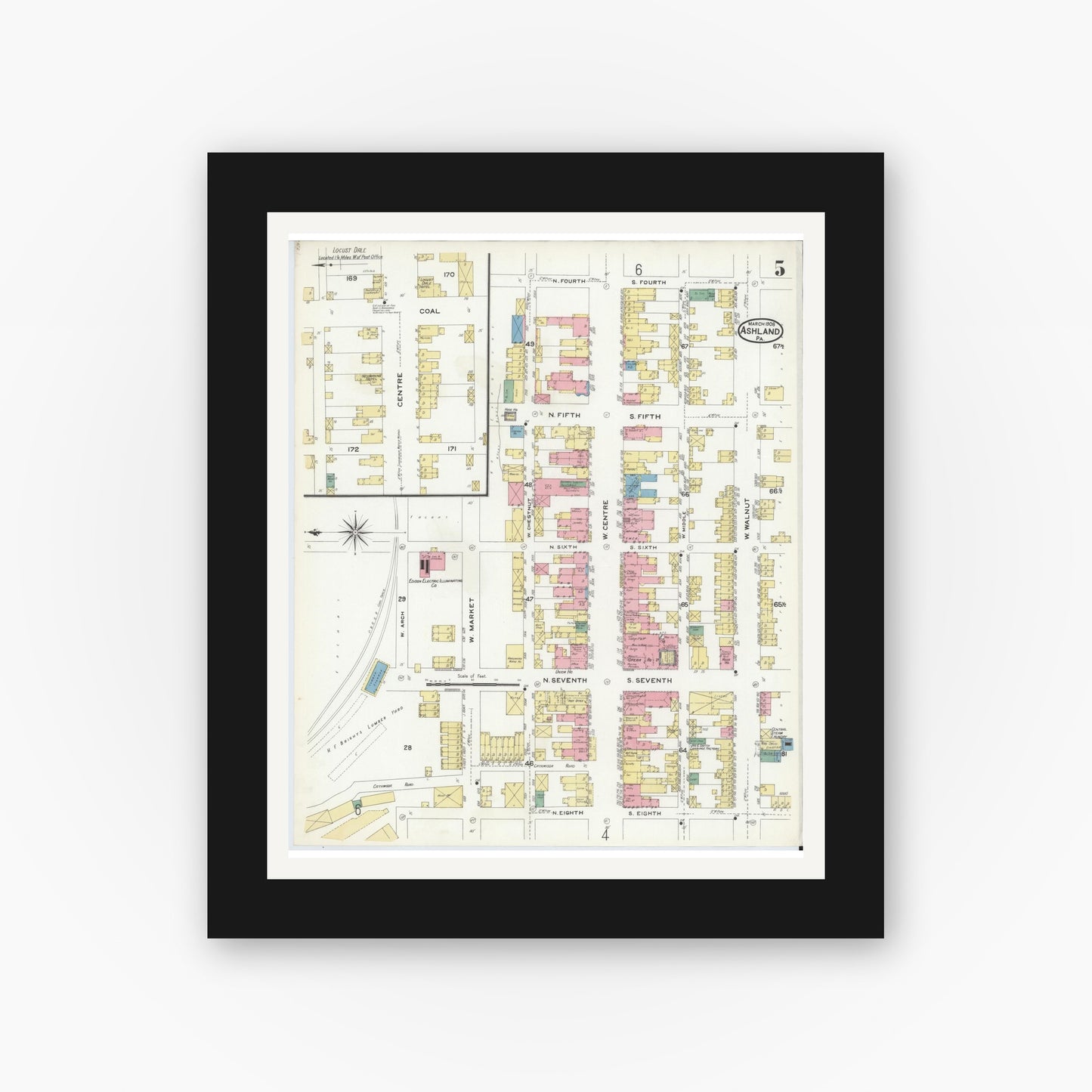 Old map wall art mockup — black gallery frame with white mat — Sanborn Fire Insurance Map from Ashland, Schuylkill County, Pennsylvania (1908), Sheet #0005