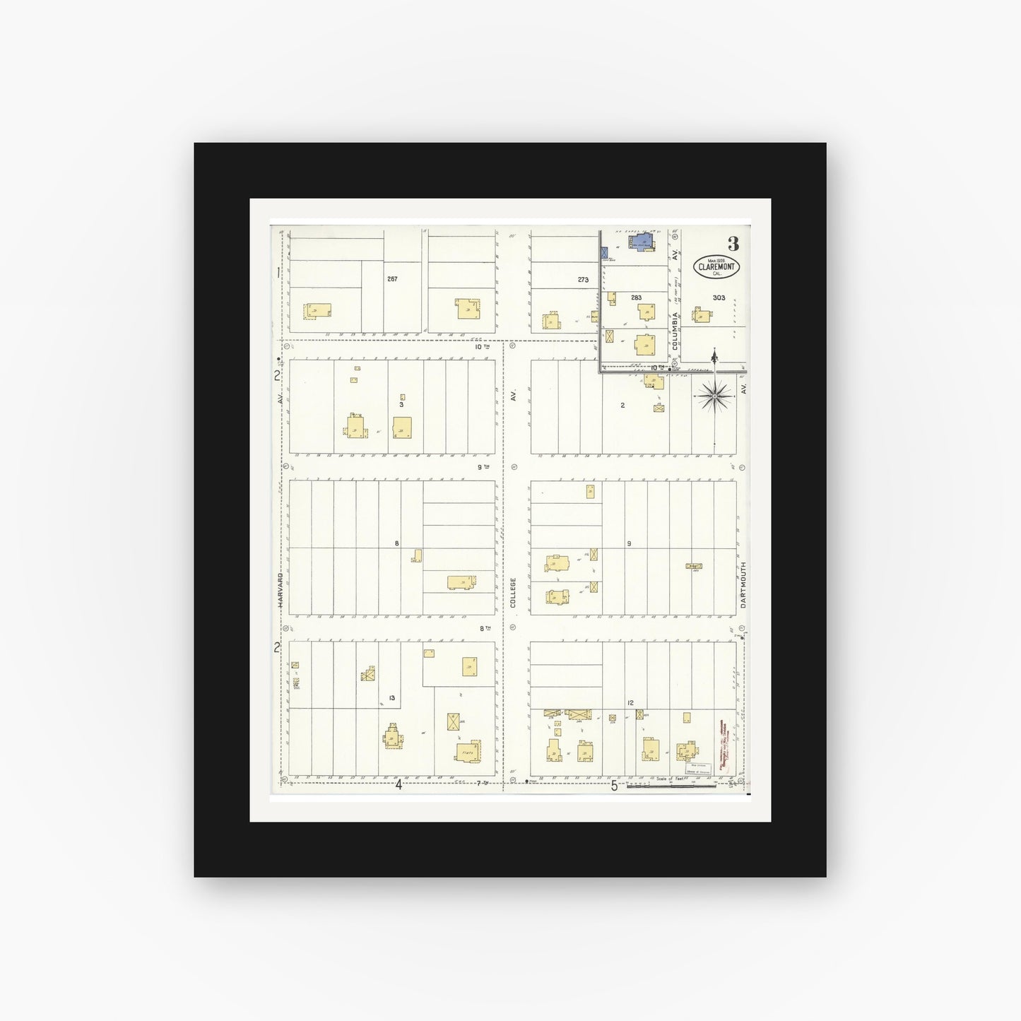 Old map wall art mockup — black gallery frame with white mat — Sanborn Fire Insurance Map from Claremont, Los Angeles County, California (1909), Sheet #0003