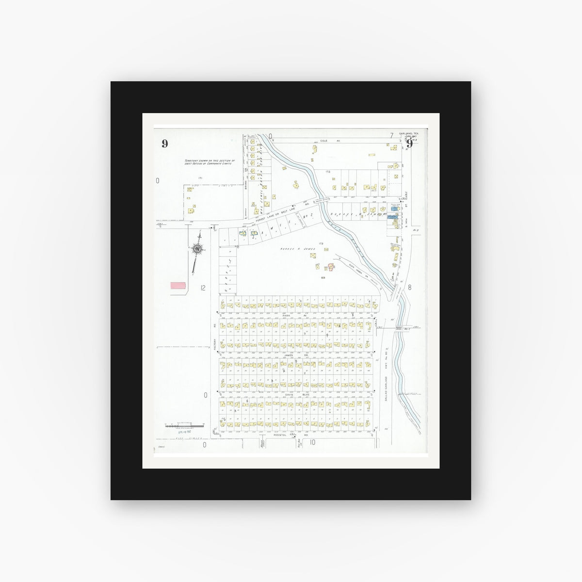 Old map wall art mockup — black gallery frame with white mat — Sanborn Fire Insurance Map from Garland, Dallas County, Texas (1947), Sheet #0009