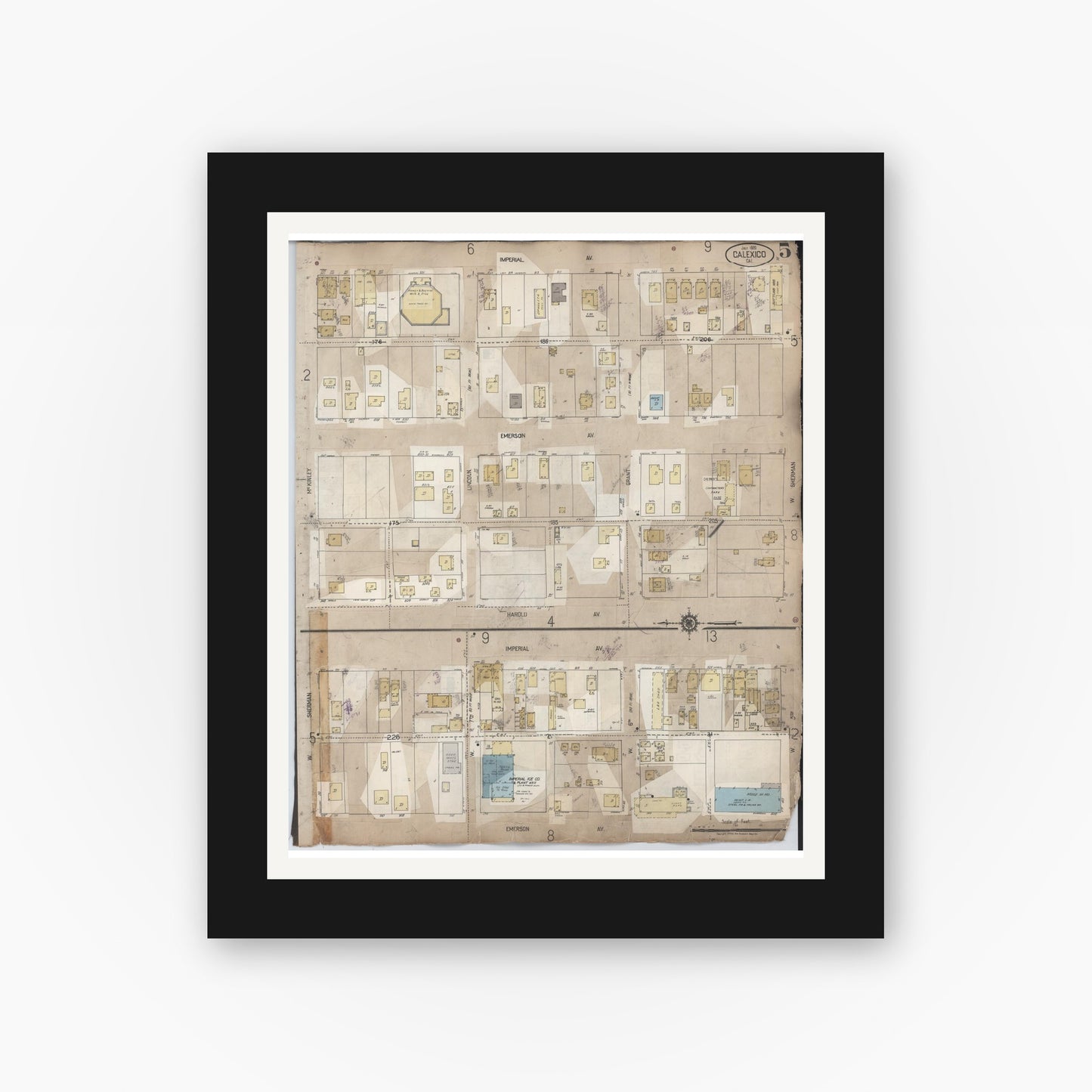 Old map wall art mockup — black gallery frame with white mat — Sanborn Fire Insurance Map from Calexico, Imperial County, California (1956), Sheet #0005