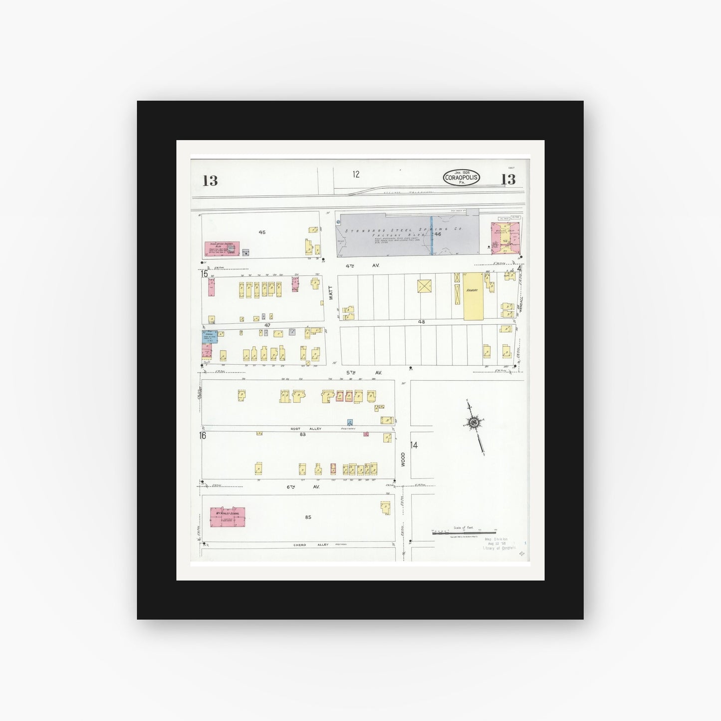 Old map wall art mockup — black gallery frame with white mat — Sanborn Fire Insurance Map from Coraopolis, Allegheny County, Pennsylvania (1924), Sheet #0013