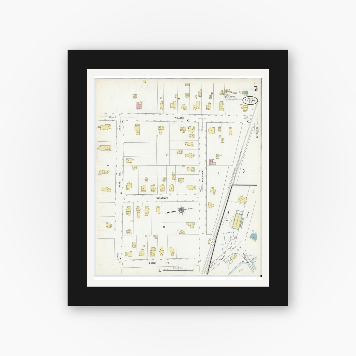 Old map wall art mockup — black gallery frame with white mat — Sanborn Fire Insurance Map from Phelps, Ontario County, New York (1911), Sheet #0007