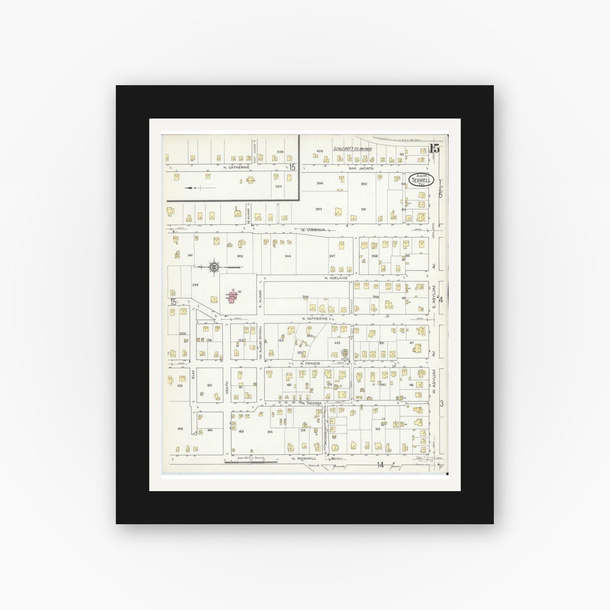 Old map wall art mockup — black gallery frame with white mat — Sanborn Fire Insurance Map from Terrell, Kaufman County, Texas (1914), Sheet #0015