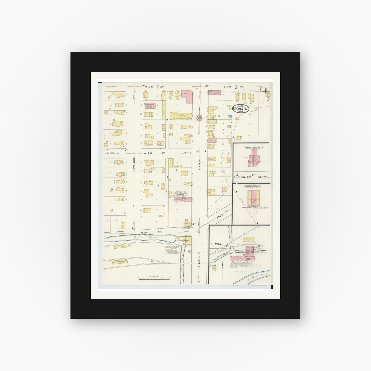 Old map wall art mockup — black gallery frame with white mat — Sanborn Fire Insurance Map from Rochester, Oakland County, Michigan (1916), Sheet #0004
