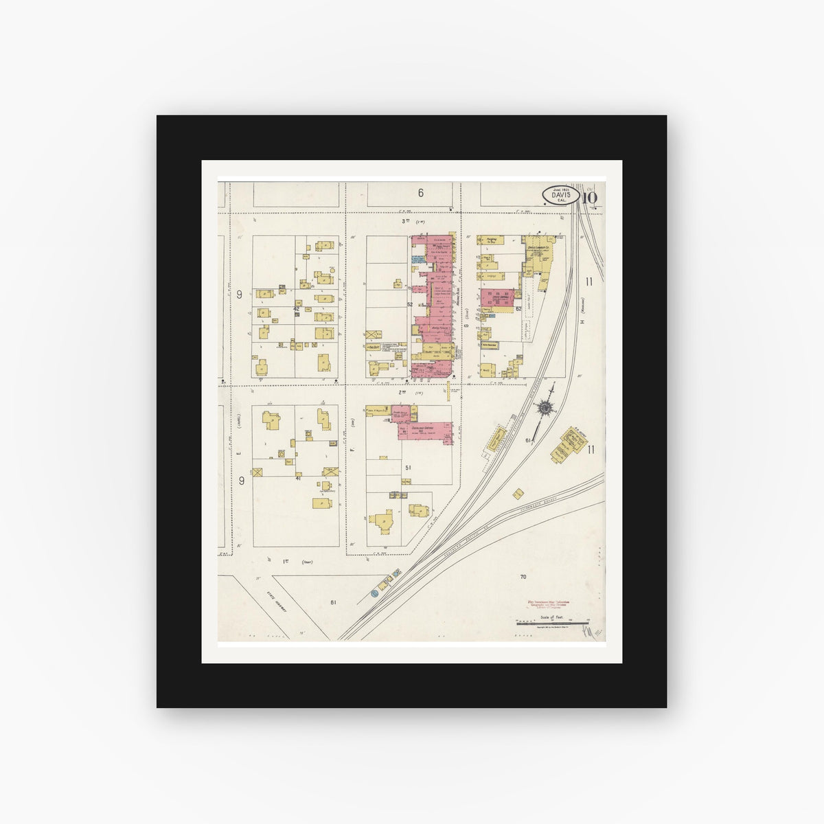 Old map wall art mockup — black gallery frame with white mat — Sanborn Fire Insurance Map from Davis, Yolo County, California (1921), Sheet #0010