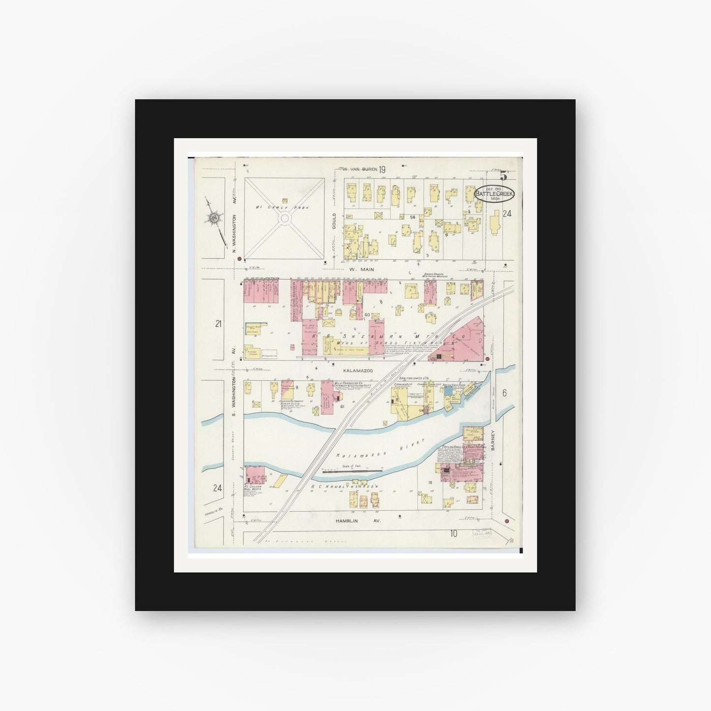 Old map wall art mockup — black gallery frame with white mat — Sanborn Fire Insurance Map from Battle Creek, Calhoun County, Michigan (1913), Sheet #0005