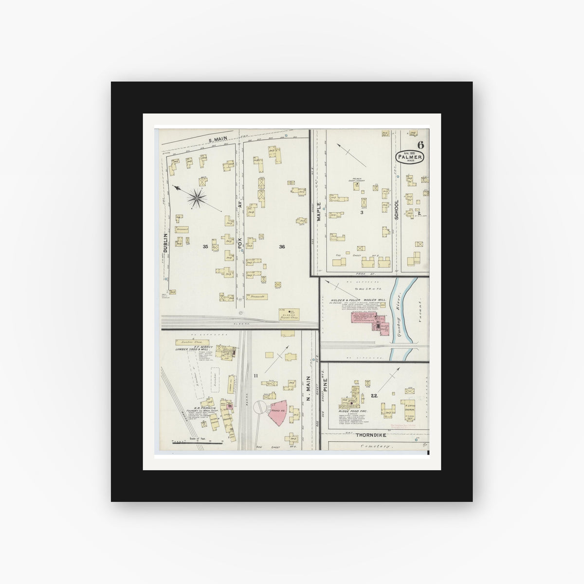 Old map wall art mockup — black gallery frame with white mat — Sanborn Fire Insurance Map from Palmer, Hampden County, Massachusetts (1891), Sheet #0006