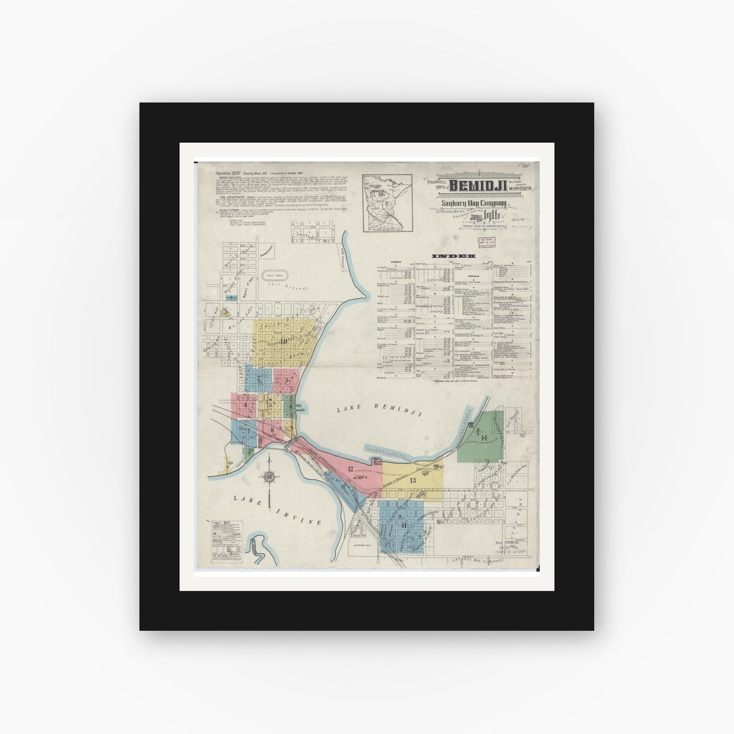 Old map wall art mockup — black gallery frame with white mat — Sanborn Fire Insurance Map from Bemidji, Beltrami County, Minnesota (1916), Sheet #0001