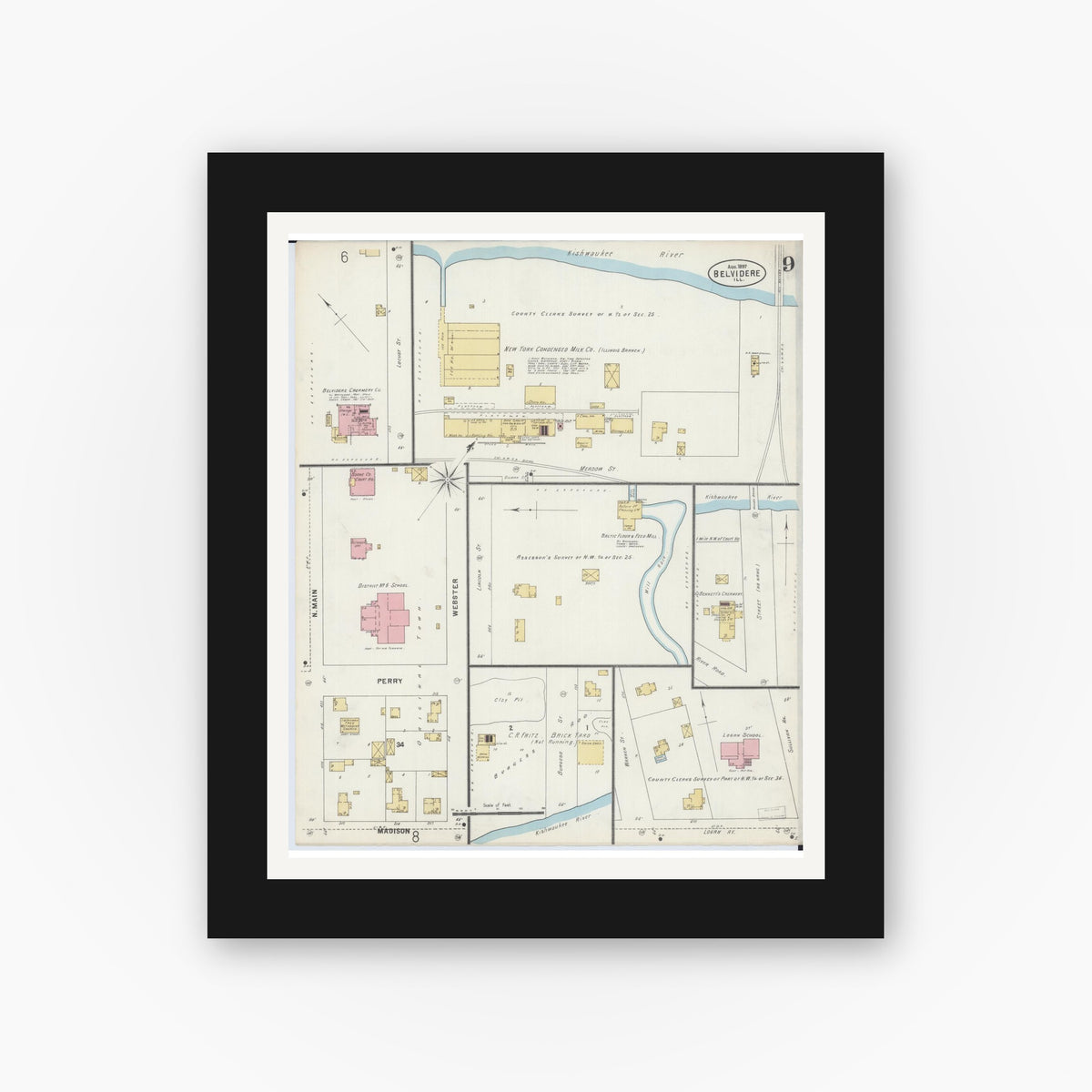 Old map wall art mockup — black gallery frame with white mat — Sanborn Fire Insurance Map from Belvidere, Boone County, Illinois (1897), Sheet #0009