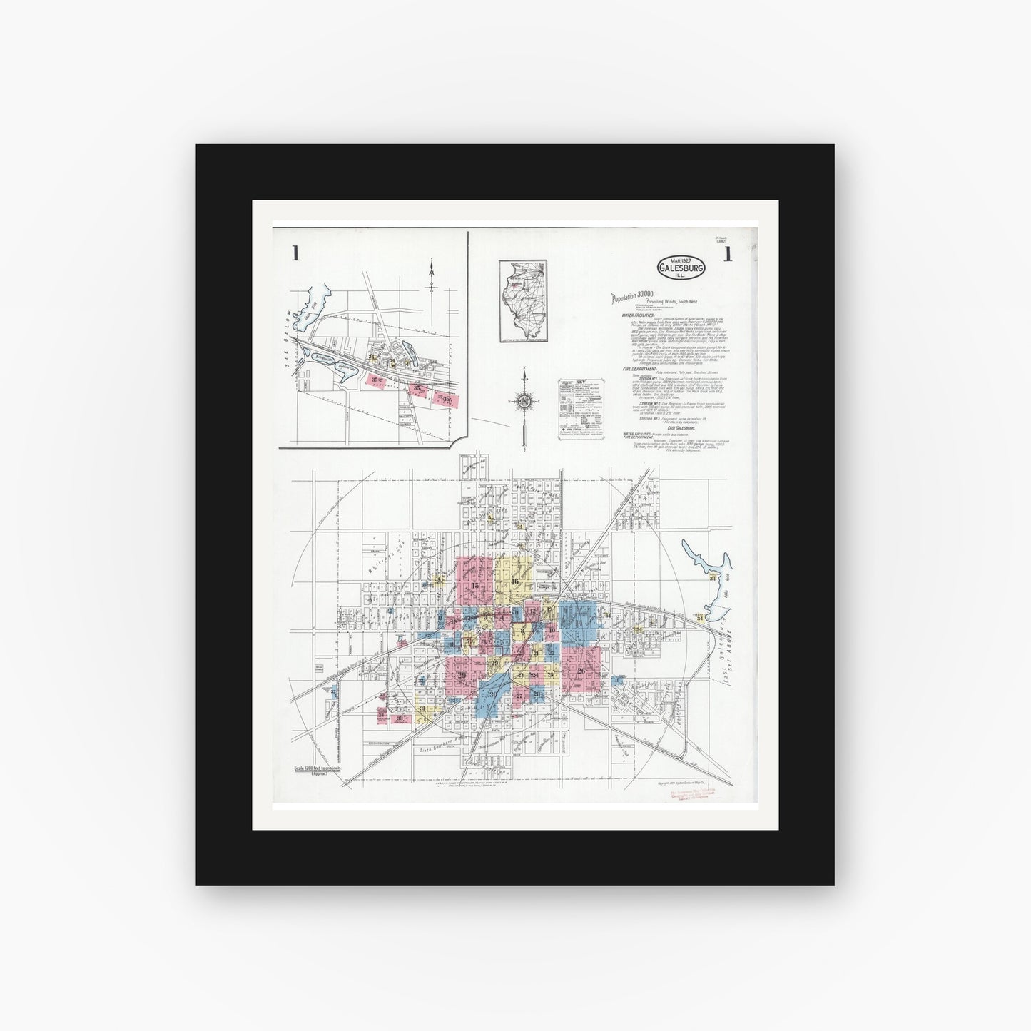 Old map wall art mockup — black gallery frame with white mat — Sanborn Fire Insurance Map from Galesburg, Knox County, Illinois (1927), Sheet #0001