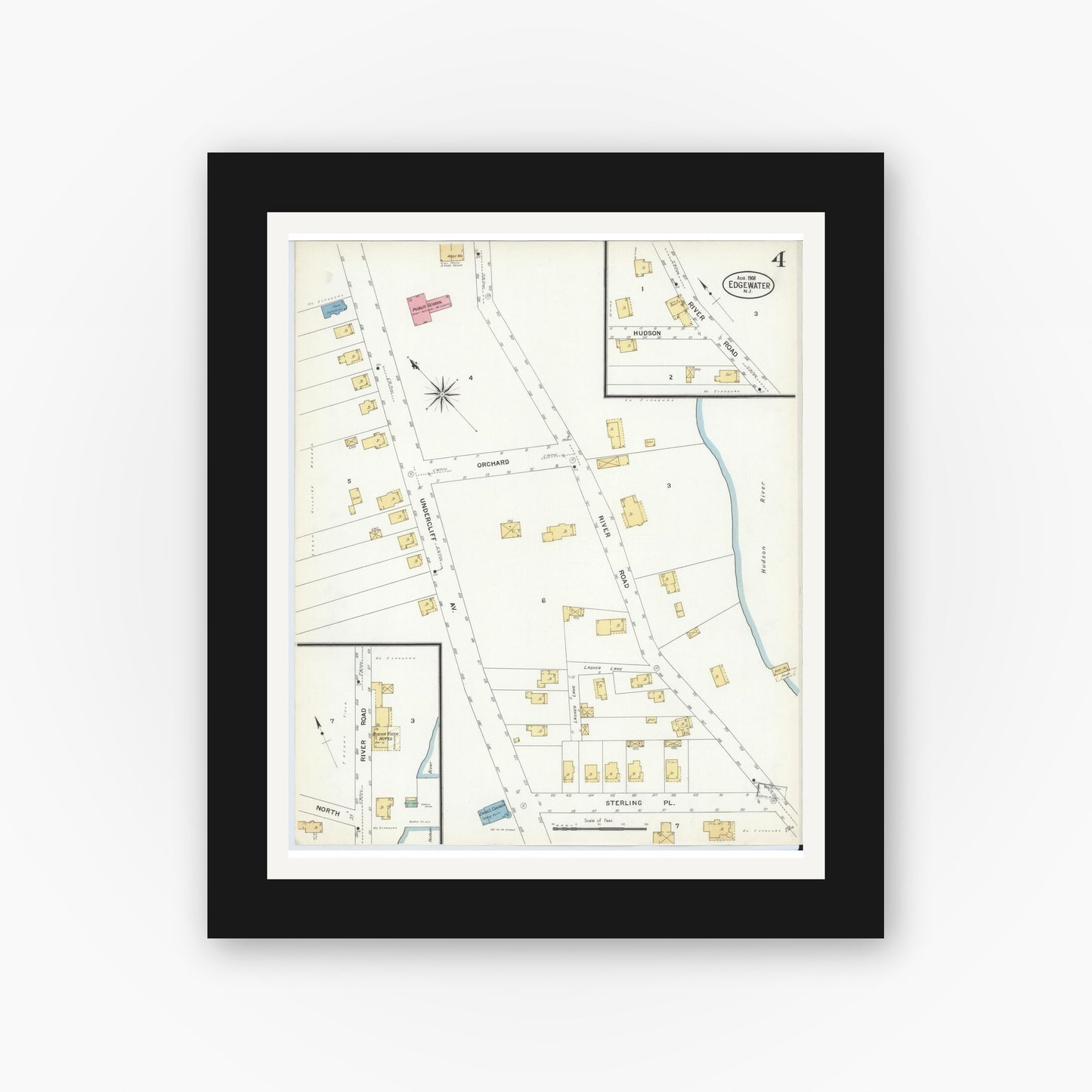Old map wall art mockup — black gallery frame with white mat — Sanborn Fire Insurance Map from Edgewater, Bergen County, New Jersey (1908), Sheet #0004