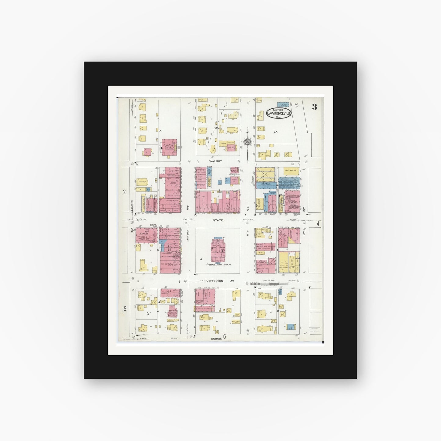 Old map wall art mockup — black gallery frame with white mat — Sanborn Fire Insurance Map from Lawrenceville, Lawrence County, Illinois (1918), Sheet #0003