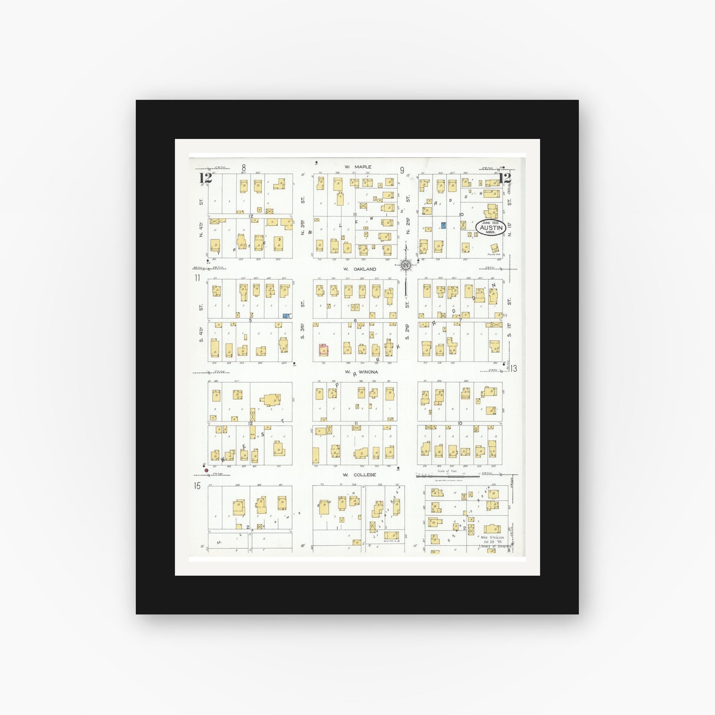 Old map wall art mockup — black gallery frame with white mat — Sanborn Fire Insurance Map from Austin, Mower County, Minnesota (1926), Sheet #0012