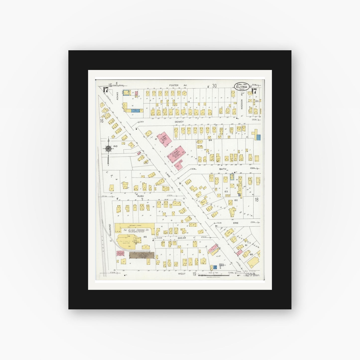 Old map wall art mockup — black gallery frame with white mat — Sanborn Fire Insurance Map from Elyria, Lorain County, Ohio (1925), Sheet #0017