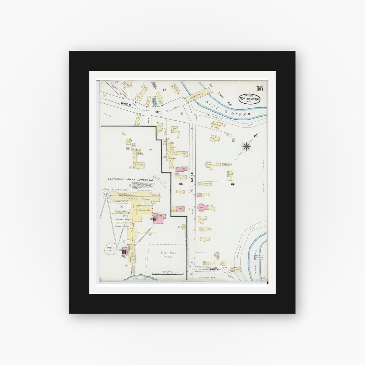 Old map wall art mockup — black gallery frame with white mat — Sanborn Fire Insurance Map from Northampton, Hampshire County, Massachusetts (1889), Sheet #0016