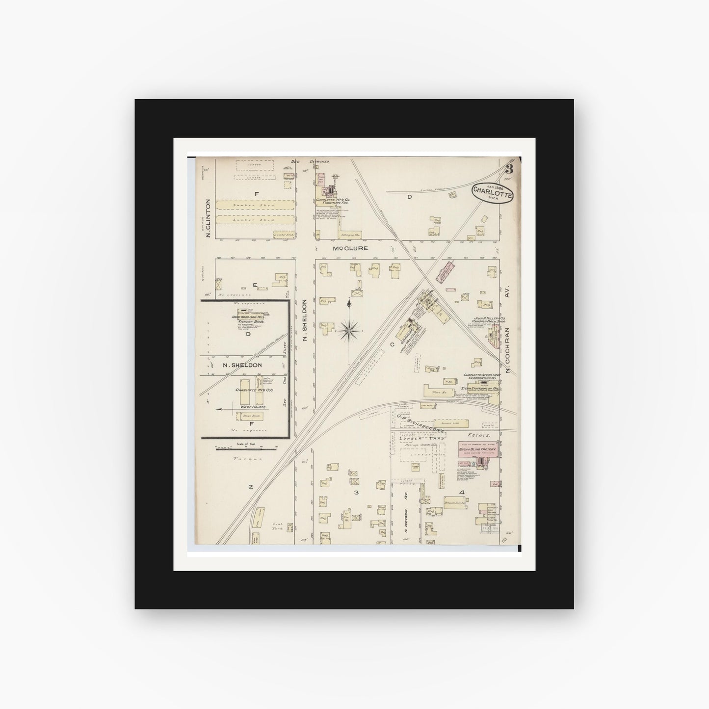 Old map wall art mockup — black gallery frame with white mat — Sanborn Fire Insurance Map from Charlotte, Eaton County, Michigan (1886), Sheet #0003