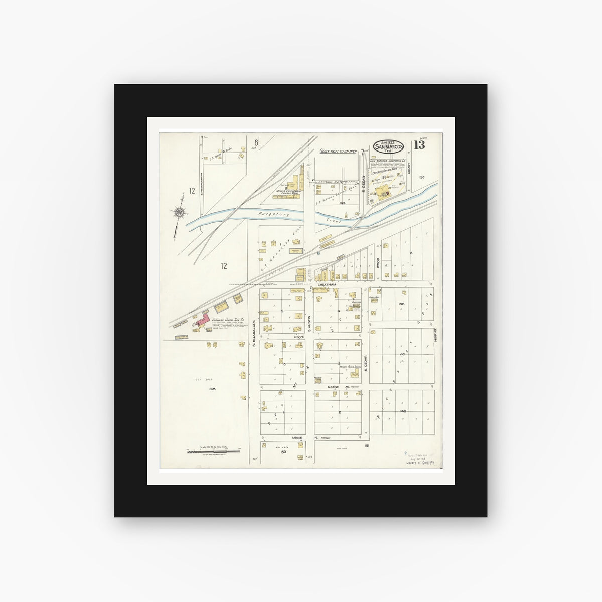 Old map wall art mockup — black gallery frame with white mat — Sanborn Fire Insurance Map from San Marcos, Hays County, Texas (1922), Sheet #0013