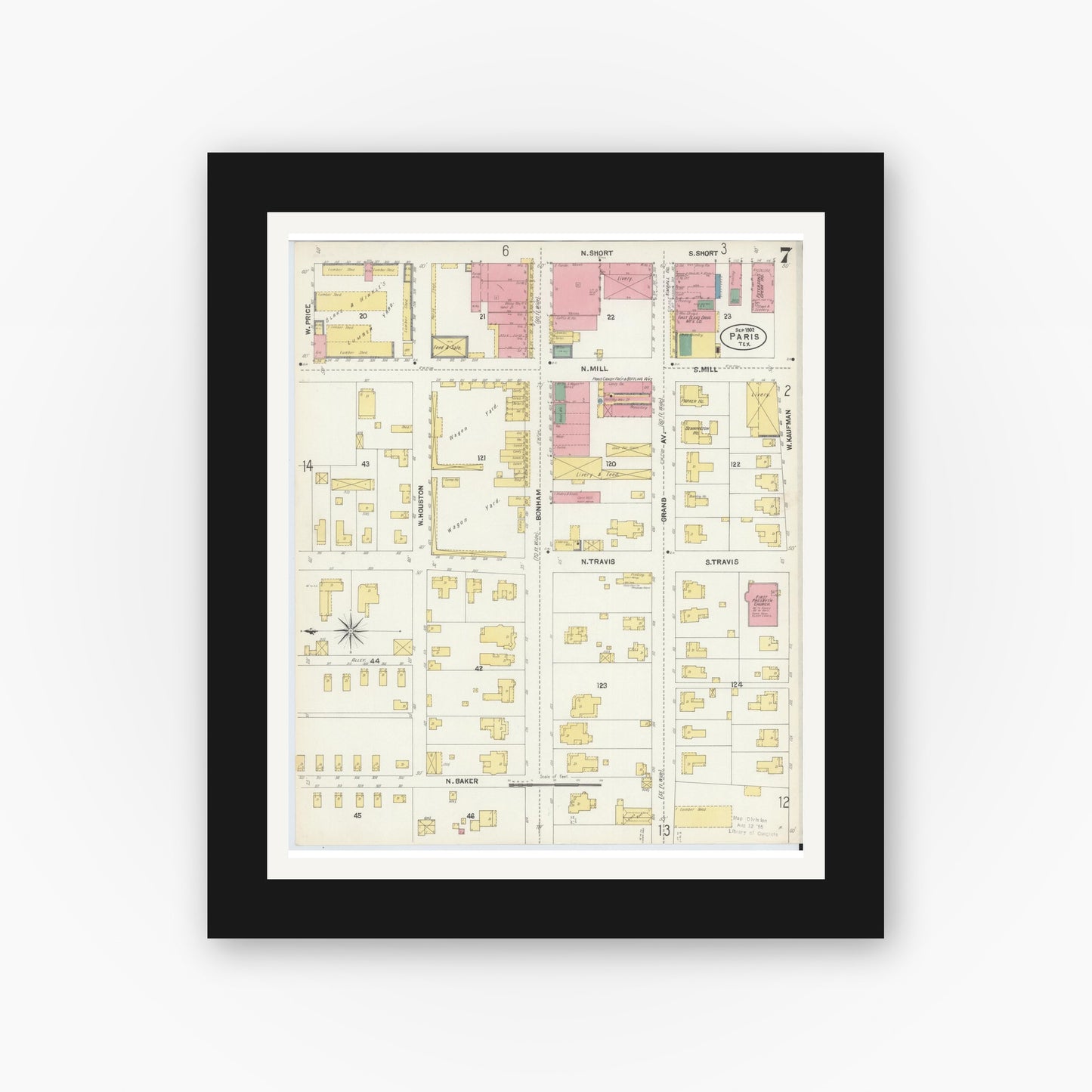 Old map wall art mockup — black gallery frame with white mat — Sanborn Fire Insurance Map from Paris, Lamar County, Texas (1902), Sheet #0007