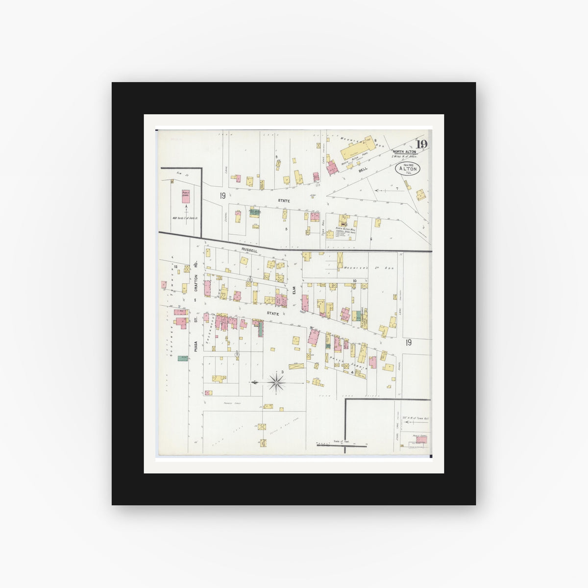 Old map wall art mockup — black gallery frame with white mat — Sanborn Fire Insurance Map from Alton, Madison County, Illinois (1902), Sheet #0019