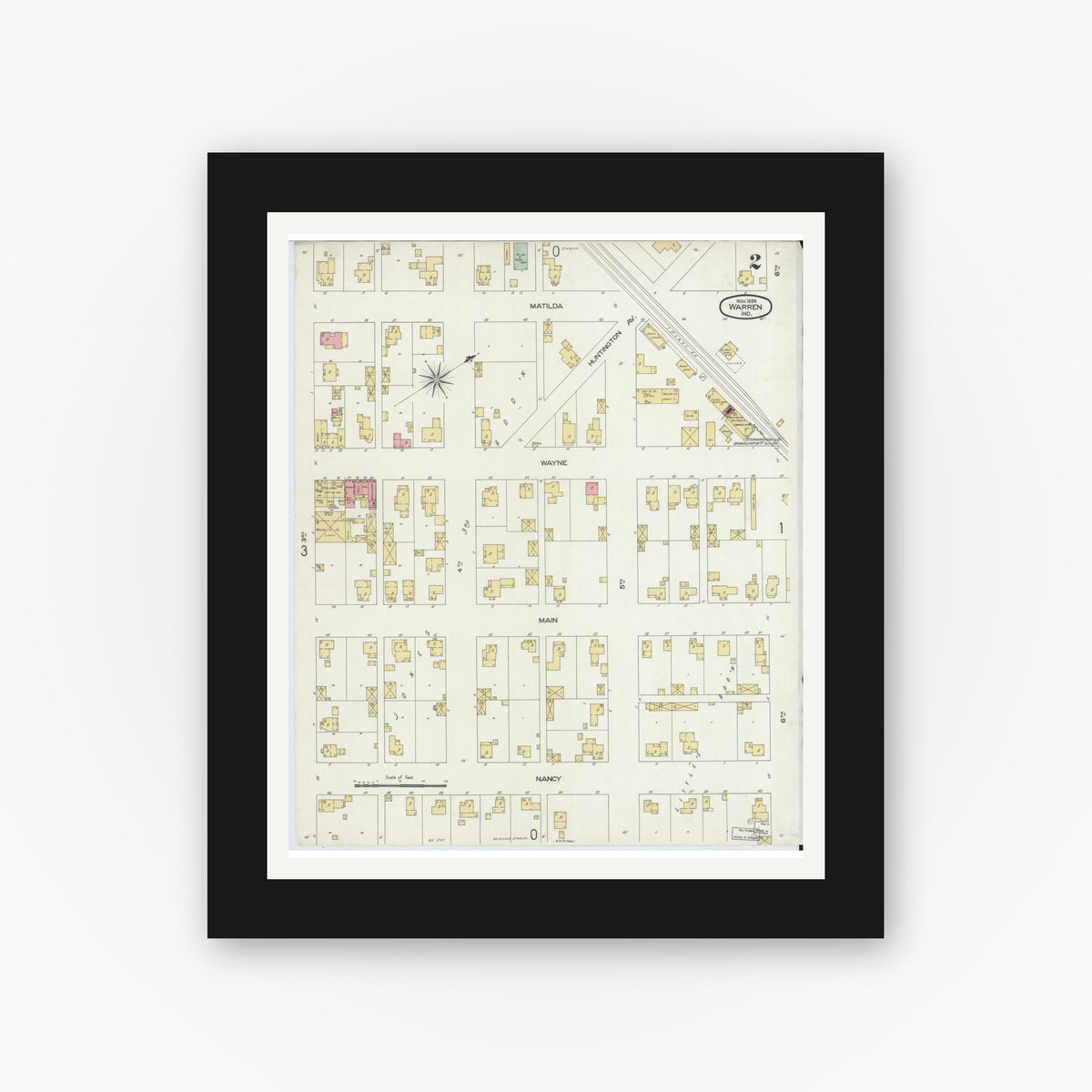 Old map wall art mockup — black gallery frame with white mat — Sanborn Fire Insurance Map from Warren, Huntington County, Indiana (1898), Sheet #0002
